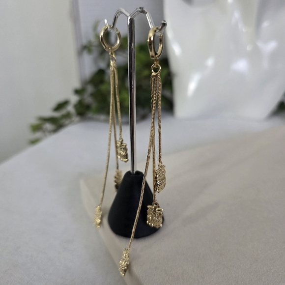Gold Filled Huggie Hoop Earrings Dangle Owl Charms - Picture 11 of 11